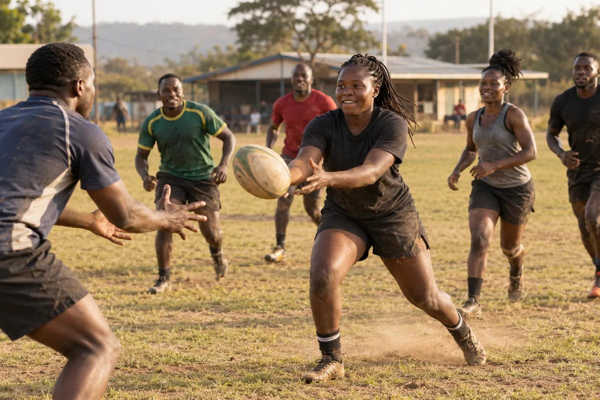 Illustration of adult Kenyan athletes enjoying community rugby training